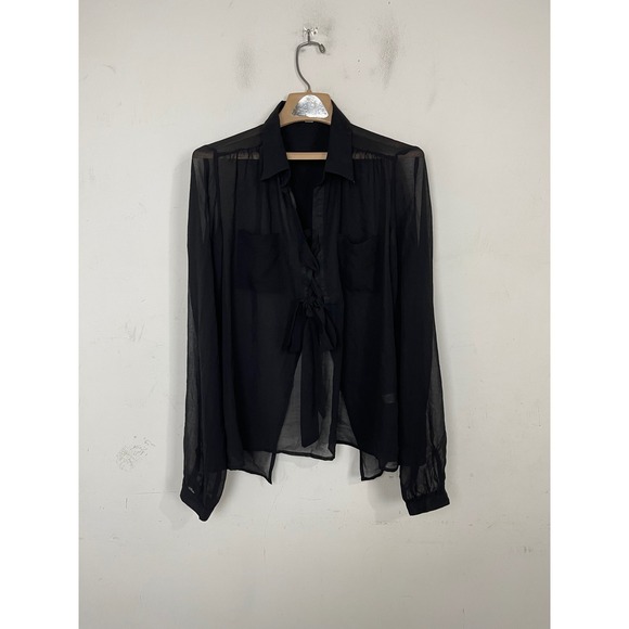 Cecico Tops - Cecico Black Sheer Chiffon Tie Front Split Back Long Sleeve Blouse Size L